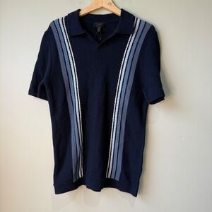 Magaschoni Mens Polo‎ Shirt Knit Blue Striped Short Sleeve Small Cotton Casual